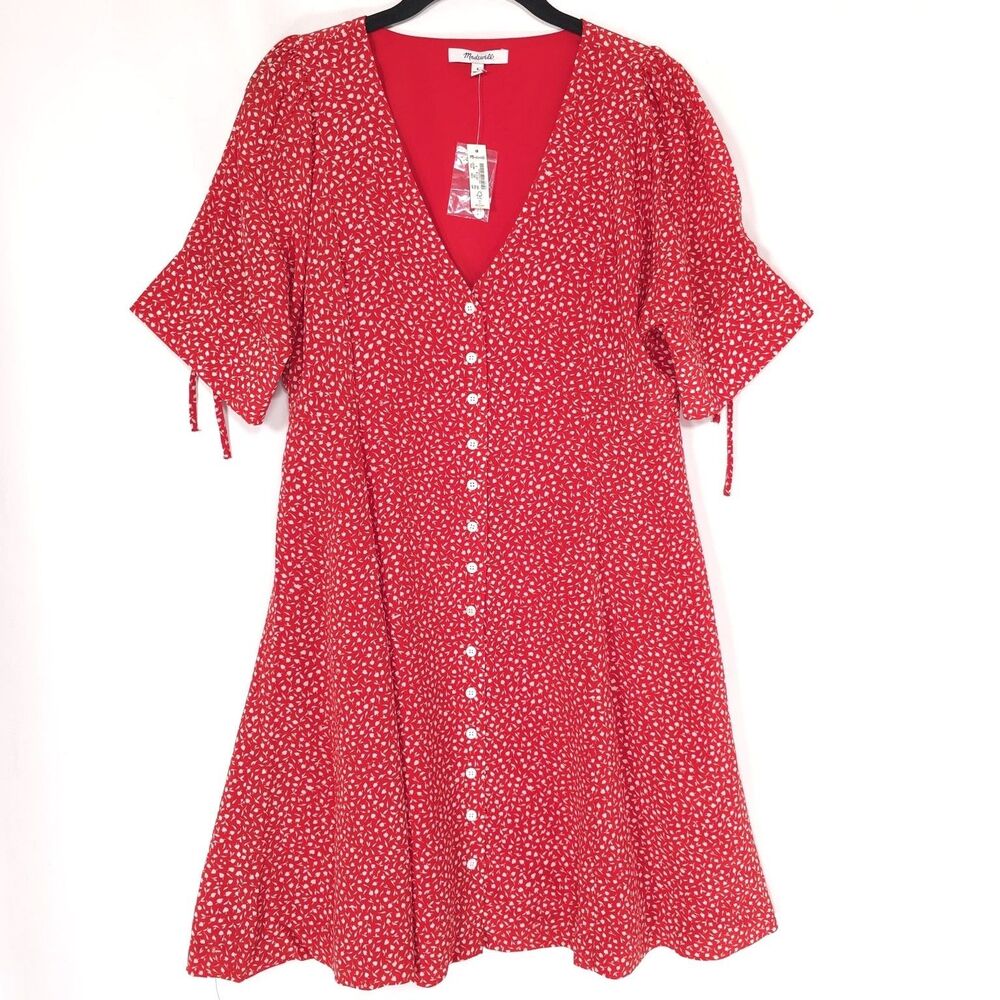 MADEWELL New Women’s Mini Dress Red Floral 4 Button Front Short Sleeve NB707